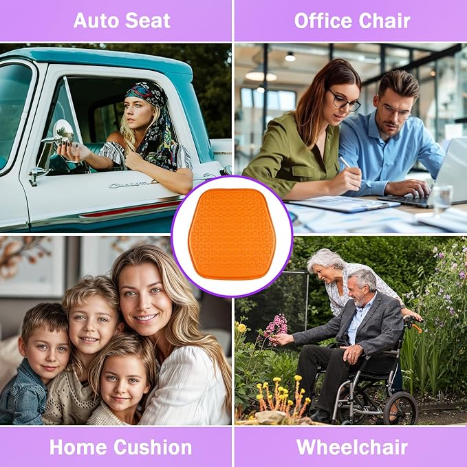 Thin Gel Seat Cushion for Car Seat, Office Chair, Wheelchair, Golf Cart - Non-Slip Car Seat Cushions with 0.7 Inch Gel - Sciatica & Coccyx Pain Relief (Leather, Orange)