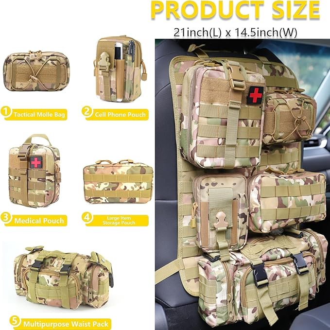 BXBXHD 6 Pack Tactical Truck Organizer Back Seat Storage Car Seat Storage Bag Molle Panels for vehicles, Car and SUV with Lots of Handy Compartments (CP camo)