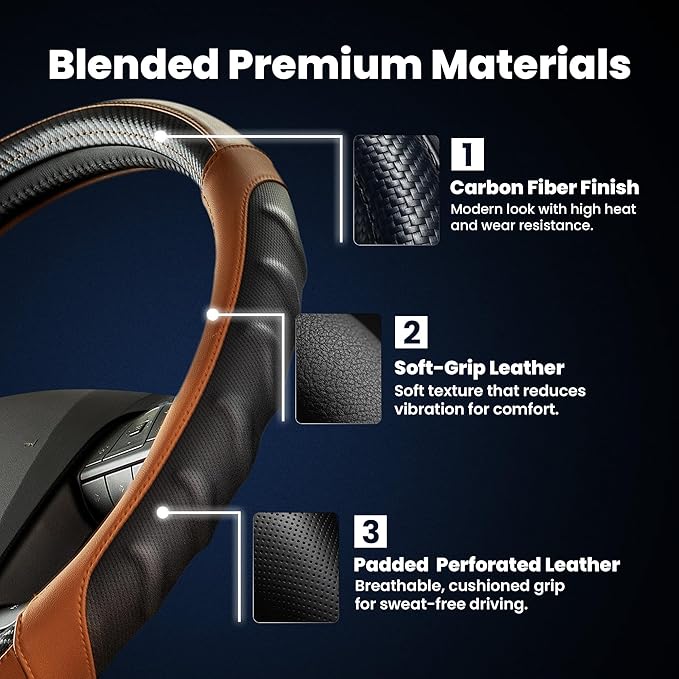 Vyonix 18 Inch Semi Truck Steering Wheel Cover – Premium Leather Grip for Big Rigs & Long-Haul Drivers – Anti-Slip, Breathable Comfort – Durable semi Truck Accessories for Drivers – Brown