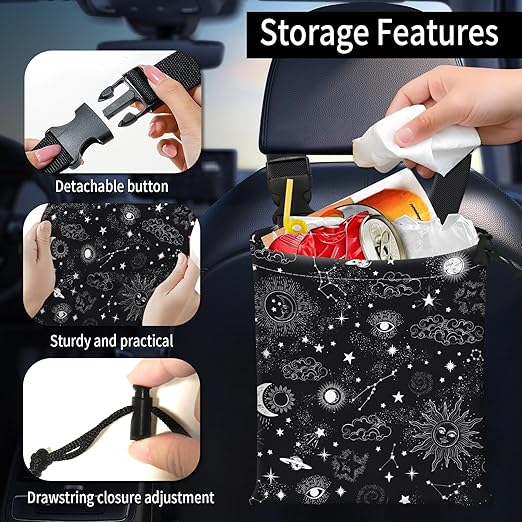 AFYEWKC Car Trash Bag Large Hanging Can for Back of Seat, Cute Waterproof Car Garbage Bag for Vehicle, Travelling, Outdoor Cute Black White Universe