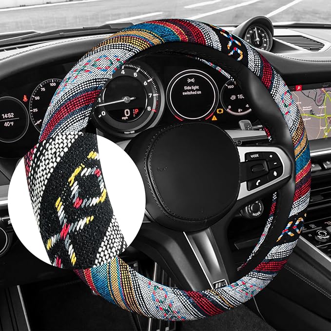 Boho Car Steering Wheel Cover, Ethnic Style Anti-Slip Coarse Flax Cloth Auto Wheel Cover, Bohemian Steering Wheel Protector for Most SUVs Vans Trucks, Car Accessories (Style D)