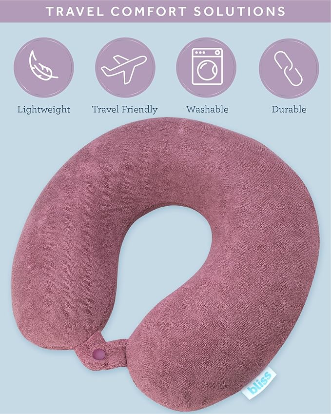 Bliss Neck Pillow - Lightweight U-Shaped Memory Foam Travel Neck Pillow with Snap Closure for Airplanes, Traveling, Offices, Cars, Mauve Terry