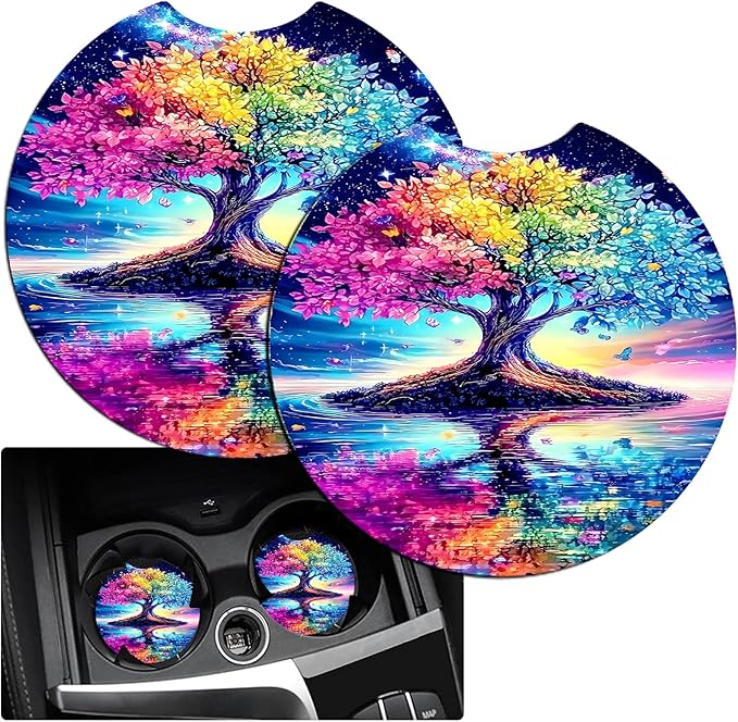 JANENFNA Car Armrest Cover Pads Universal Fashion Cute Auto Center Console Armrest Cover Pad with 2PCS Car Coasters Soft Waterproof Car Armrest Seat Protector for Women,Rainbow Tree