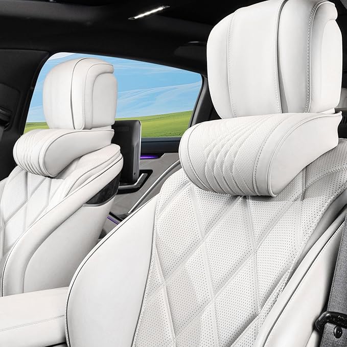 Dapucarin Car Headrest Memory Foam Neck Pillow for Driving with Leather Cover Soft Comfortable Seat Head Pillow Cushion for Most Cars SUV Sedan Home Office Off-White (Beige) (2PC)