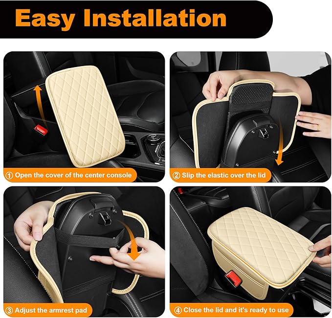 Car Center Console Cover Fit for Mitsubishi Outlander - Upgraded Faux Leather Armrest Cushion with 2 Storage Pockets - Waterproof & Durable Armrest Protector for Car (Beige & Whiteline)