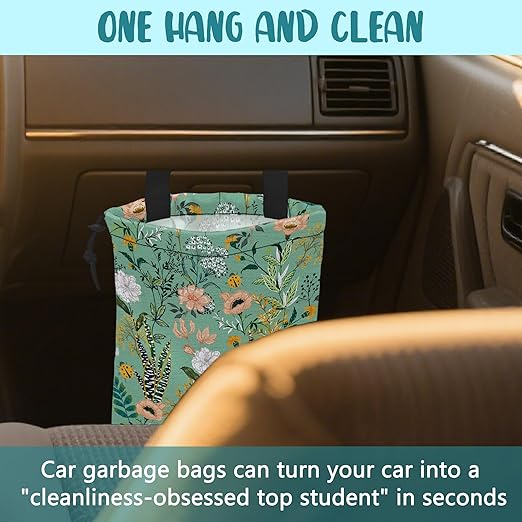 KXWQTRDD Car Garbage Bag Blooming Floral and Leaves Drawstring Car Trash Bag Hanging for Back Seat with Adjustable Buckle Canvas Vehicle Trash Can Easy-to-Install