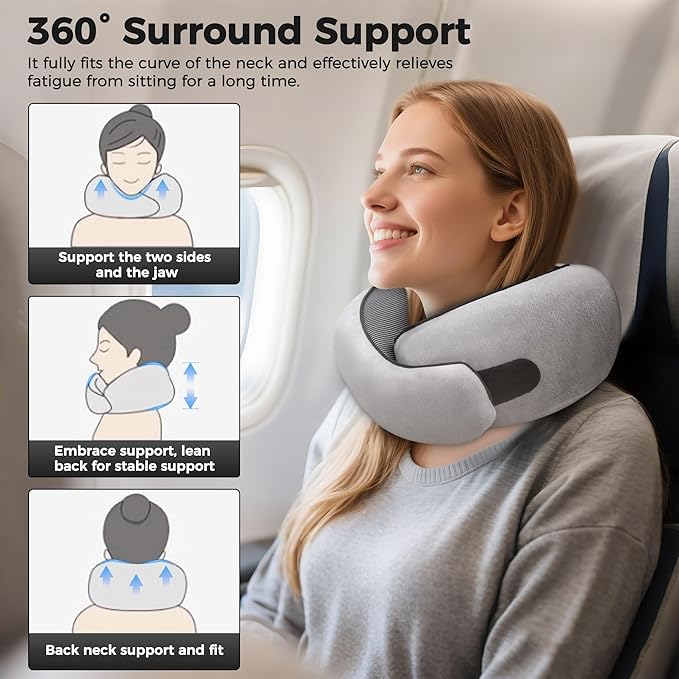 HiztoBlo Neck Pillow for Traveling, Travel Pillows for Airplanes 2025 New 100% Pure Memory Foam, Neck Pillow Airplane with 360º Ergonomic Design, Travel Neck Pillows for Airplanes, Office and Car