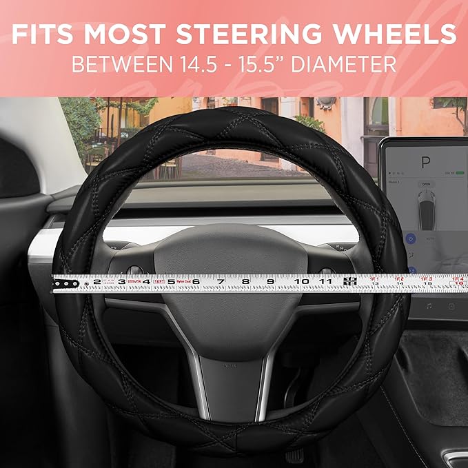 Carbella Black Stitched Leather Steering Wheel Cover for Women, Standard 15 Inch Size Fits Most Vehicles, Cute Faux Car Steering Cover with Diamond Double-Stitch Detail, Car Accessories for Women
