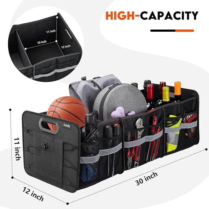 Getally Trunk Organizer for Car， Collapsible Trunk Organizer with Multi Pockets, 3 Compartments Storage Organizer for Car SUV, Truck, Sedan