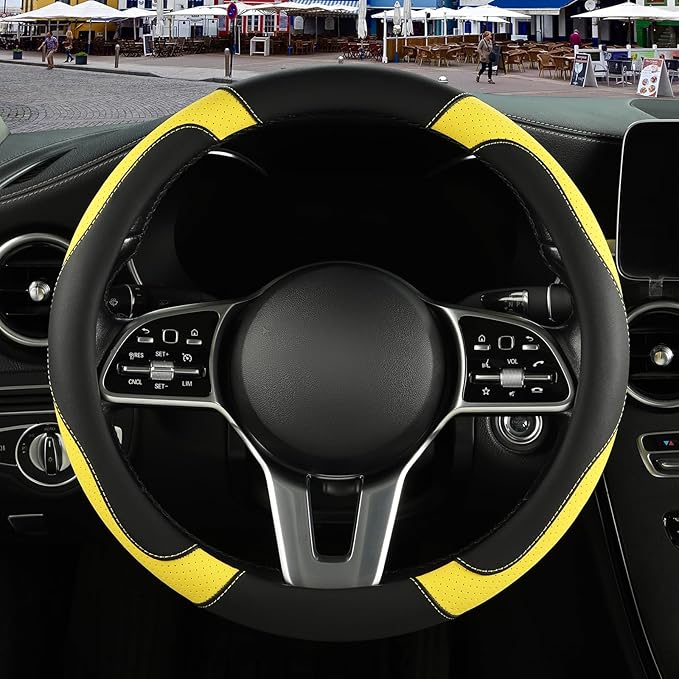 Binsheo Microfiber Leather Steering Wheel Cover, Breathable, Anti Slip, 13.5 inch to 14 inch, Black with Yellow