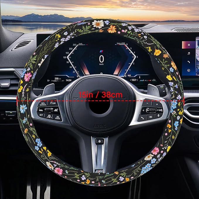 Car Steering Wheel Cover for Women Men, Non-Slip Breathable Steering Wheel, Wildflower Steering Wheel Protector, Car Accessories, Universal 14" 02/2-15" Fit Auto, Suvs