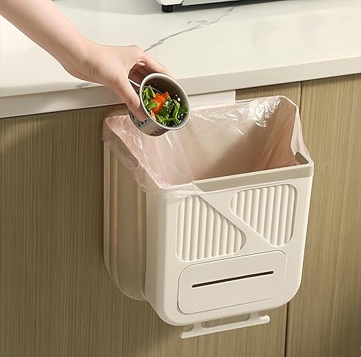 Hanging Kitchen Trash Can, Collapsible Trash Can for Kitchen, 2.1 Gallon Foldable Waste Bin for Kitchen/Bathroom/Car (White), Pe038-trashcan-White