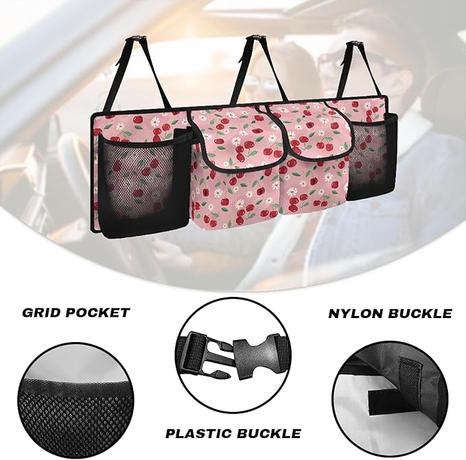 CLOHOMIN Cherry Auto Truck Organizer Daisy Cargo Organizer for Car Pink Car Rear Seat Hanging Storage Bag with 4 Pockets Large Capacity Car Storage Accessories