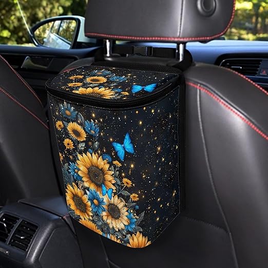 Blue Butterfly Sunflower Print Car Trash Can - Foldable, Automotive Garbage Bin with Leak Proof Hanging Bag