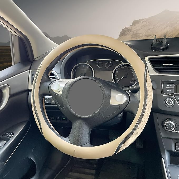 Muamos Car Steering Wheel Cover Beige, 14.5-15 inch Steering Wheel Covers with Coasters Microfiber Leather Carbon Fiber Breathable Anti-Slip Durable Universal Auto Steering Wheel Protective