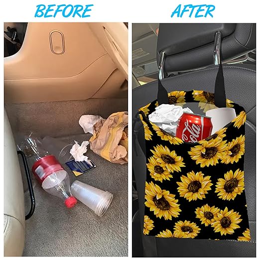 ghatobty Car Trash Bag Sunflower Car Garbage Bag Hanging Car Trash Can for Back Seat with Drawstring