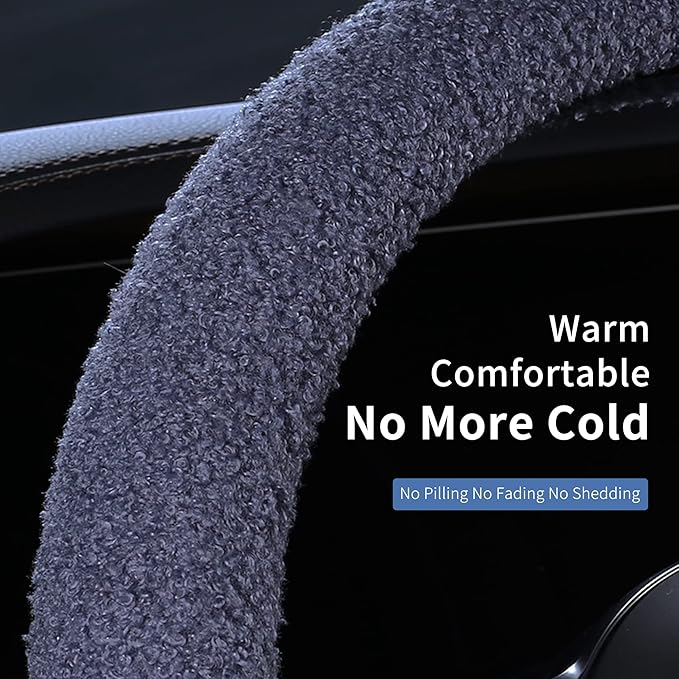 Furry Winter Car Steering Wheel Cover for Women, Soft Fleece Plush Warm Universal Auto Accessories for Jeep, Truck, Van, F150, Fuzzy, Anti Slip, Blue, Large Size, 15.2-16in