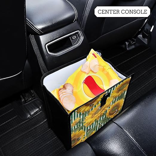 Car Trash Can Organizer Bin with Adjustable Strap for Back Front Seat Console Waterproof Leakproof Collapsible Portable 11 Inch Green Striped Sunflowers and Honey Bees