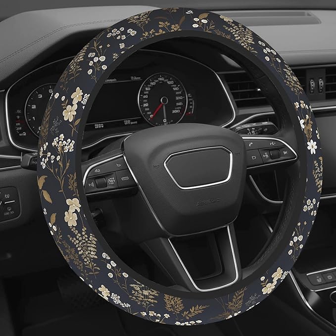 Cute Steering Wheel Cover for Women, Machine Washable Universal 14.5-15.5 inch Non-Slip Grip All Weather Use (Retro Floral Brown)
