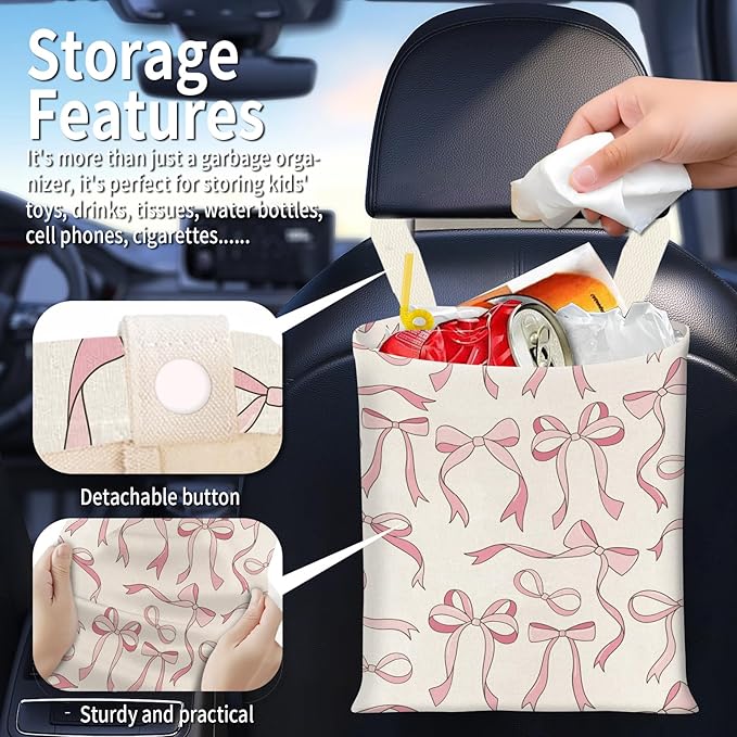 BEAKND Hanging Car Garbage Bag, Cute Car Trash Can Bag, Automotive Accessories for Women Men Cute Pink Bow