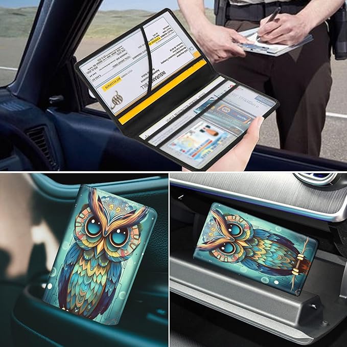 Mxfdegf Car Registration & Insurance Holder, Leather Glove Box Organizer, Cool Accessories for ID, Driver's License Cards & Essential Documents, Business Cards, Men & Women, Fantasy Owl