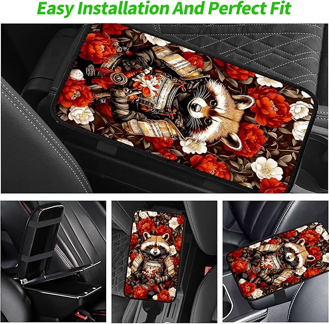 JANENFNA Car Armrest Cover Pads Universal Fashion Cute Auto Center Console Armrest Cover Pad with 2PCS Car Coasters Soft Waterproof Car Armrest Seat Protector for Women,Raccoon Warrior
