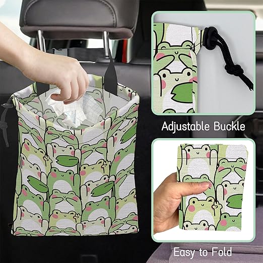 NHNXHWIA Cute Frog Car Garbage Bag,Waterproof Small Car Trash Bag Hanging Back of Seat,Drawstring Hanging Car Trash Bag with Adjustable Buckle for Car Accessories