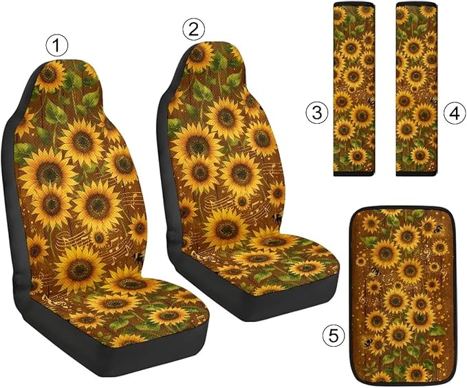 Qeluxign PU Leather Car Seat Covers Set - Includes 2 Seat Protectors, 2 Shoulder Pad Covers, 1 Armrest Cover for Car Decoration,Sunflower Music Notes Bee