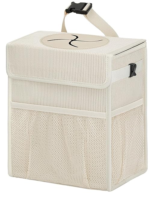 HORJONES Corduroy Car Trash Can with Lid and Mesh Pockets - Leakproof Organizer,Multipurpose Waterproof Garbage Can/Trash Bin for Car(Off-White-2 Gallons)