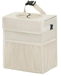 HORJONES Corduroy Car Trash Can with Lid and Mesh Pockets - Leakproof Organizer,Multipurpose Waterproof Garbage Can/Trash Bin for Car(Off-White-2 Gallons)