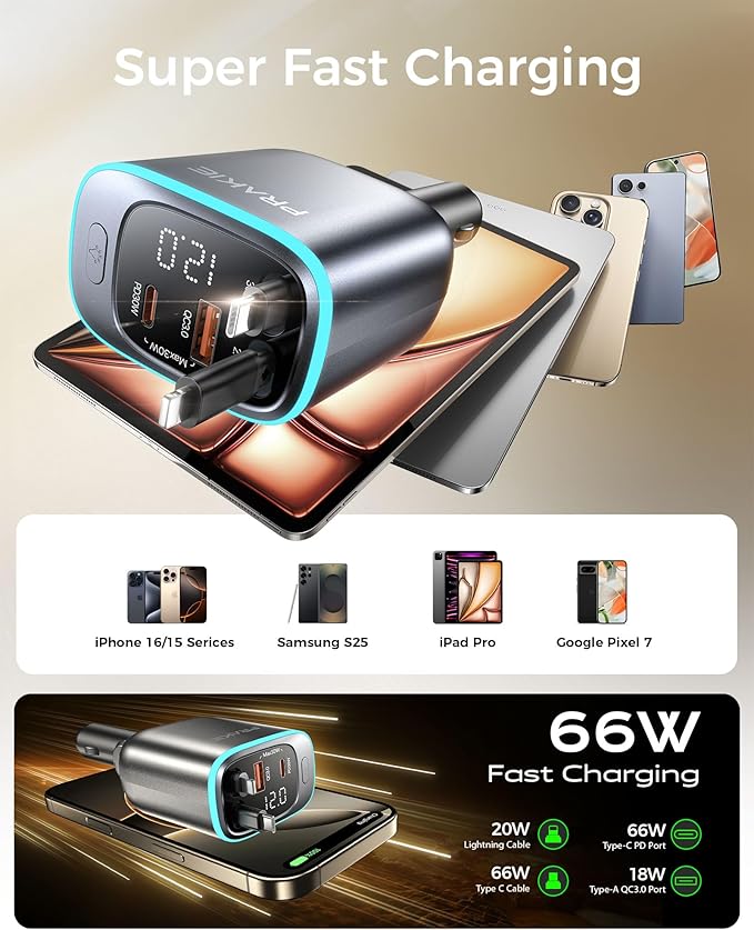 iPhone Car Charger, Retractable Fast USB C Phone Charger, 4 in 1 Cigarette Lighter Adapter with 2 Cables 30 Inch and 2 USB Ports, Multi Port USB Car Charging for iPhone 17/16/15/14/13/Pro Max