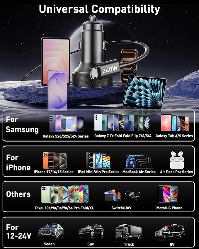 USB C Car Charger, 90W 4-Port Super Fast Charging Car Charger Adapter Dual USB-C & USB-A Cigarette Lighter with 240W Type C to C Cable Cord for Samsung Galaxy S25/S24/S23/S22/S21 Ultra, Android Phone
