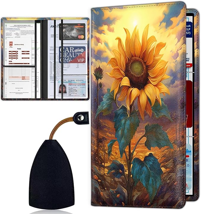 Car Document Holder with Magnetic Shut, Car Registration & Insurance Card Holder, Waterproof PU Leather Glove Box Organizer Vehicle Accessories Driver License for Women/Men, Watercolor Sunflowers