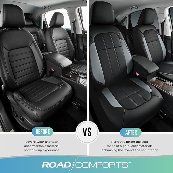 Road Comforts Car Seat Covers, Breathable Leather Seat Covers, Car Seat Covers Front Seats Airbag Compatible, Automotive Seat Covers for Most Cars, Vans, Trucks, SUV- Gray
