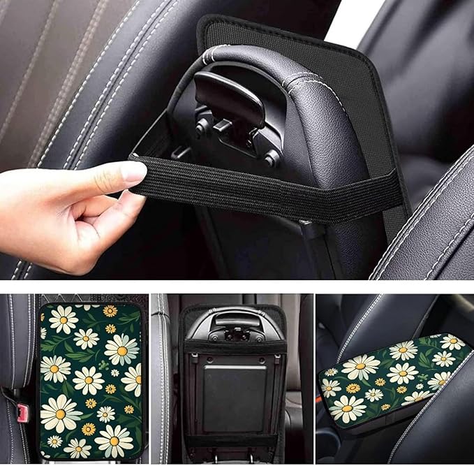 Daisy Car Armrest Cover Floral Print Armrest Seat Box Cover Protector for Car Breathable Water Proof Center Console Cover Universal for Most Car for Women Men Car Interior Accessories