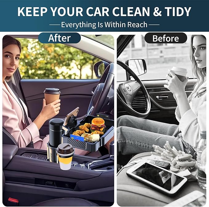 Car Food Tray with Expandable Cup Holder Tray and 360°Phone Stand,4 in 1 Detachable & Rotation car Tray with 2 Cup Holder Adapter with Expandable Base for car,Travel Road Essentials