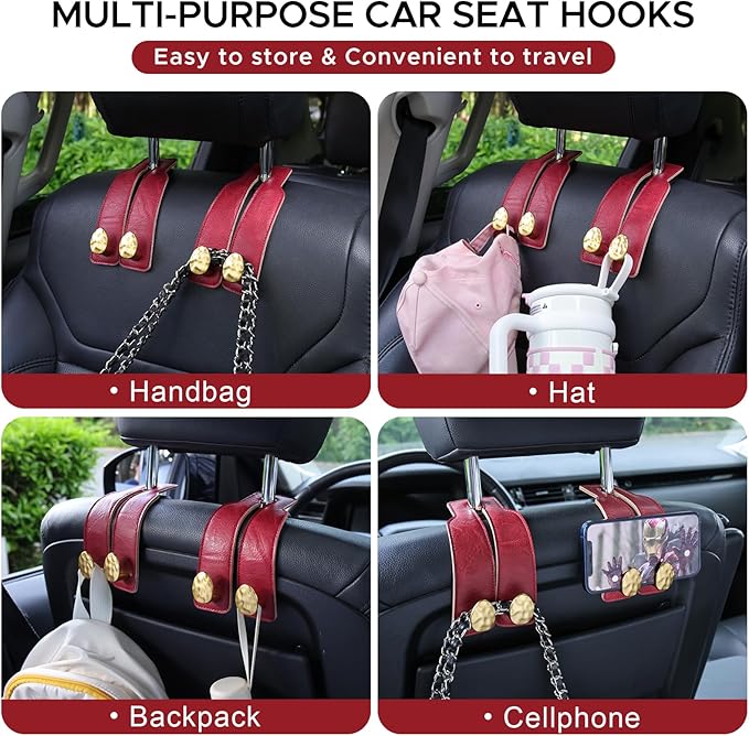 URIZZD 4 PCS Leather Car Seat Hooks for Headrest, Vehicle Hanger Storage Organizer Universal for Handbag Purse, Car Accessories Gift (Red-Gold-4 PCS)