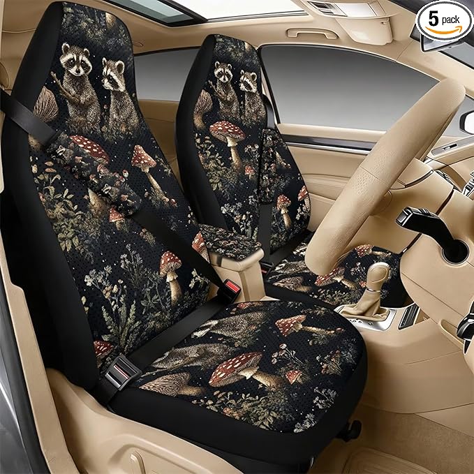 Psesaysky 5 Pcs Car Accessories, Raccoon Mushroom Front Seat Covers Full Set of 2 with Seat Belt Pads Cover Vehicle Center Console Armrest Cover Pad for Women Men Car Lover