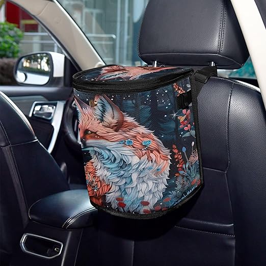 MNSRUU Car Trash Can with Lid, Beautiful Fox Car Trash Bag Hanging Organizers and Storage for Front Back Seat, Leak-Proof Trash Bin