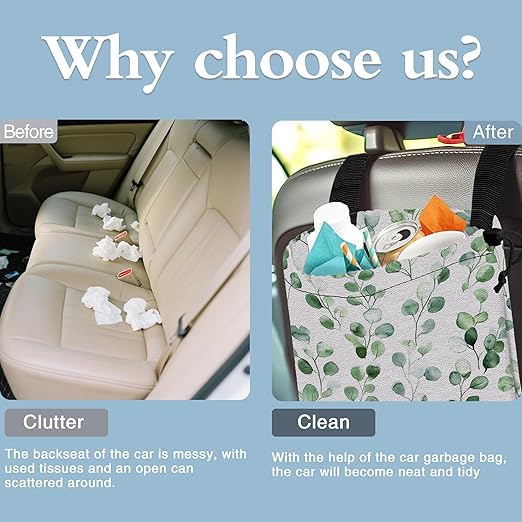Watercolor Leaves Car Trash Bag,Hanging Drawstring Car Garbage Bag,Canvas Car Back Seat Organizer with Adjustable Buckle for Men and Women