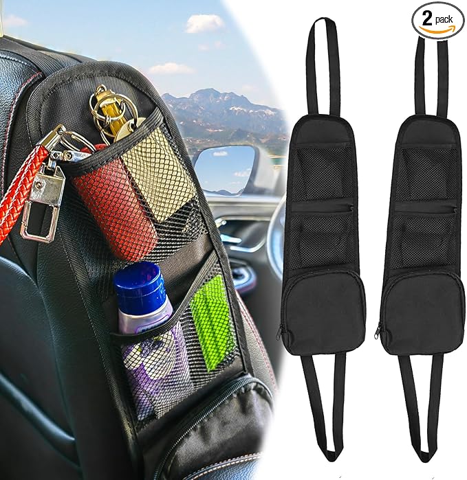 2 PCS Car Seat Side Organizer, Multifunctional Stuff Holder with Mesh Net Pocket, Auto Seat Storage Hanging Bag For Cars, SUVs, Trucks. Can Hold Mobile Phone, Wallet, Glasses (Black)