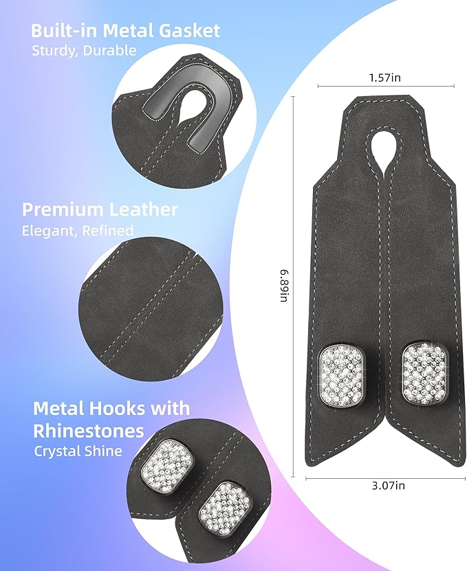 2Pcs Car Headrest Hooks with Sparkling Rhinestones & Premium Leather, Upgraded Double Metal Purse Holders, Anti-Drop Design, Universal Back Seat Organizer for Bags, Coats, Groceries (Crystal Gray)