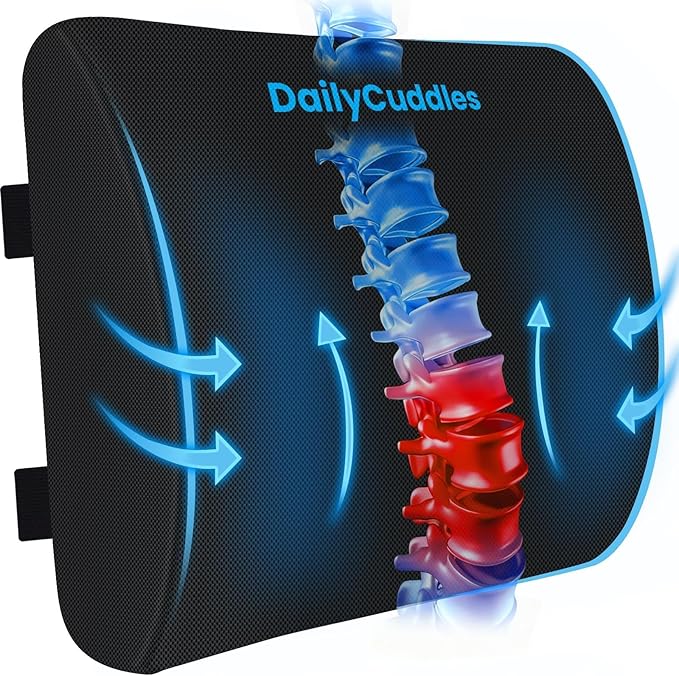 DailyCuddles Lumbar Support Pillow for Office Chair Back Support - Memory Foam Lumbar Pillow for Car or Gaming Chair, Ergonomic Back Cushion with Adjustable Strap for Long-Hour Sitting (Black,X-Large)