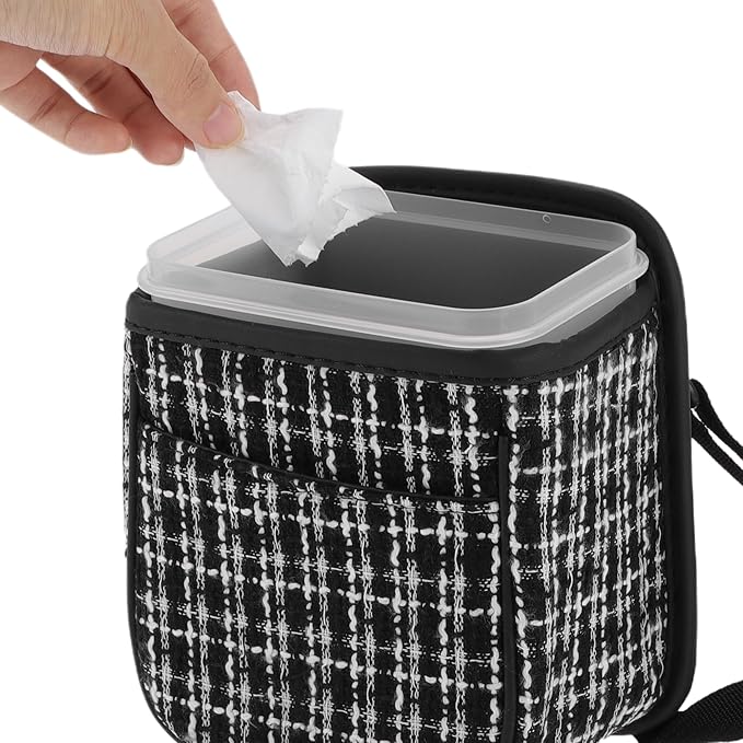 Car Trash Can Portable and Hanging 5.9" Length 4.3" Width 7.5" Height Trash Bin Fabric Black 1 Pcs