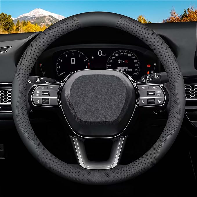 Steering Wheel Cover for Honda Civic Accord CR-V, 14.5"-15" Non-Slip Breathable Microfiber Leather Car Steering Wheel Cover (Black)