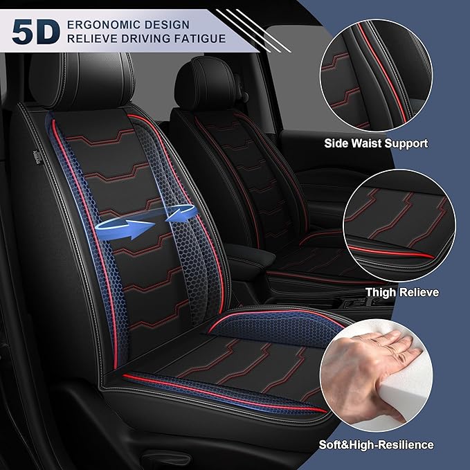 DISUTOGO Seat Covers Fit for Juke 2011-2017 Seat Covers Full Set Car Seat Covers Faux Leather Breathable Waterproof Car Seat Protector (5 Seats, Black&Redline)