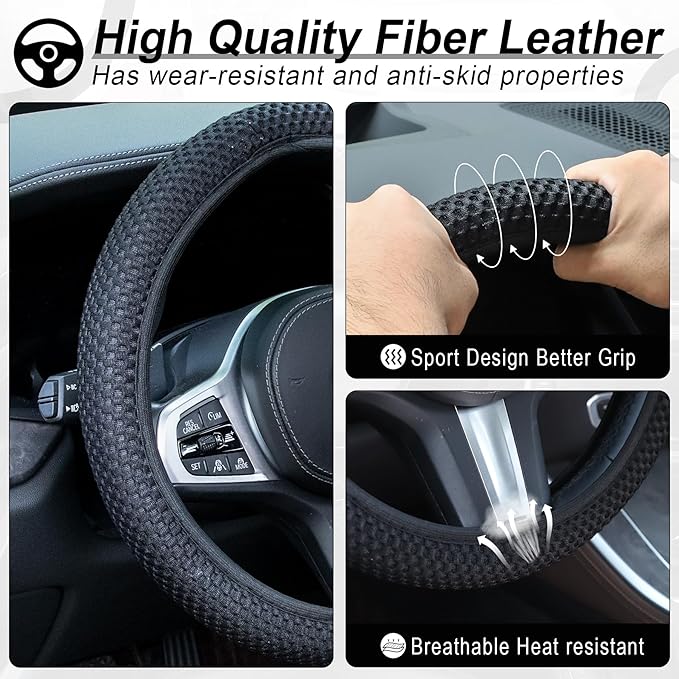 Alpmosn Elastic Stretch Steering Wheel Cover, Universal Interior Accessories Steering Wheel Cover for Women & Men, Breathable Microfiber Ice Silk, Anti-Slip, Odorless, Easy Carry(Black)