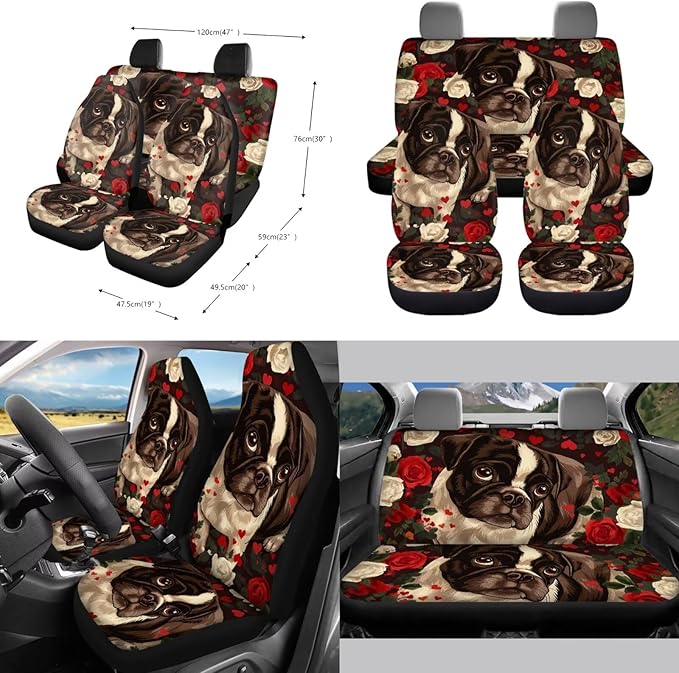 10 Pieces Car Seat Cover Full Sets, Pug Rose Print Car Front Bucket Seat Protectors with Split Bench Back Seat Covers, Steering Wheel Protector, Coaster, Trash Can, Air Vent Storage Bag