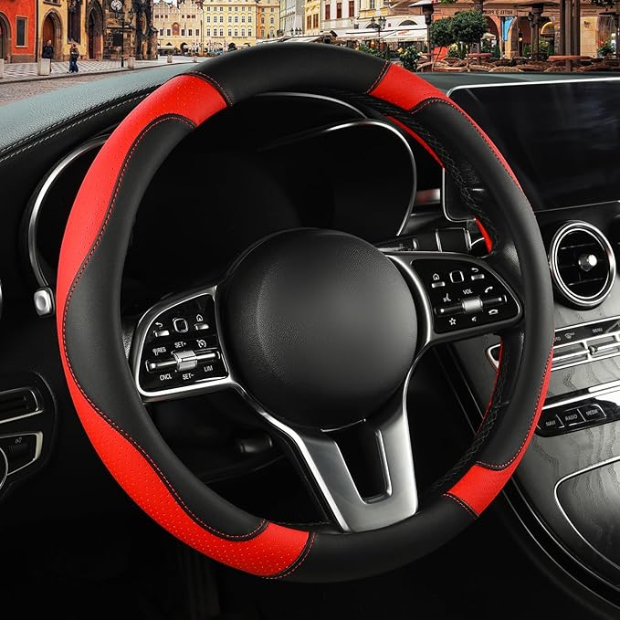 Binsheo Microfibre Leather Auto Car Steering Wheel Cover,Anti Slip 15 Inch,Black and Red