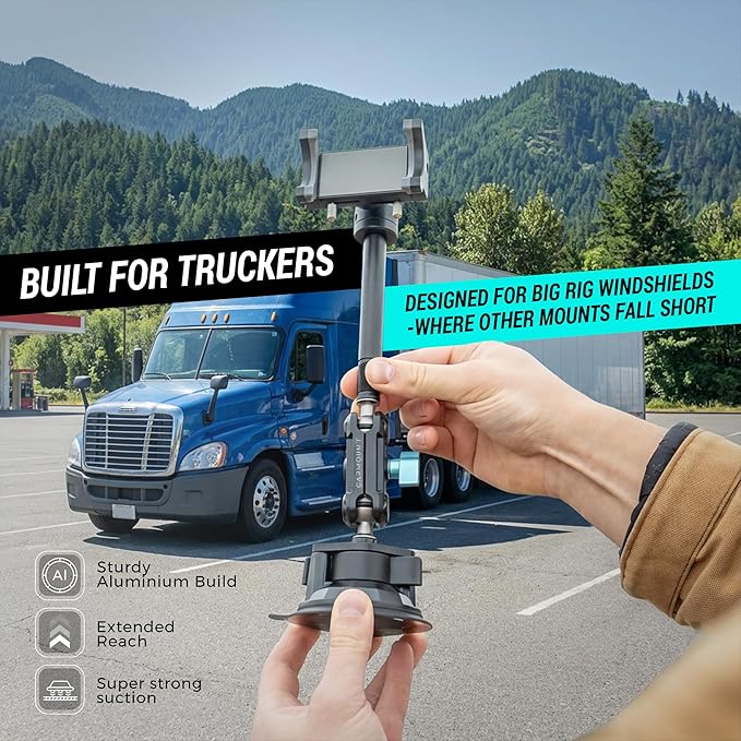 CARMOUNT TitanX100 Long – Truck Phone Mount – Heavy Duty Metal Phone Holder, Suction Cup Phone Mount for Car, Windshield Mount Cell Phone Holder for iPhone, Android, GPS & All Devices
